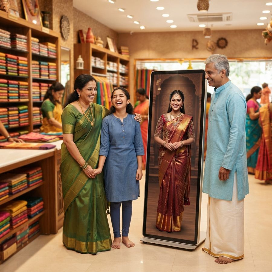 A family in a saree showroom looking at a customer's try-on on the Miji Mirror kiosk