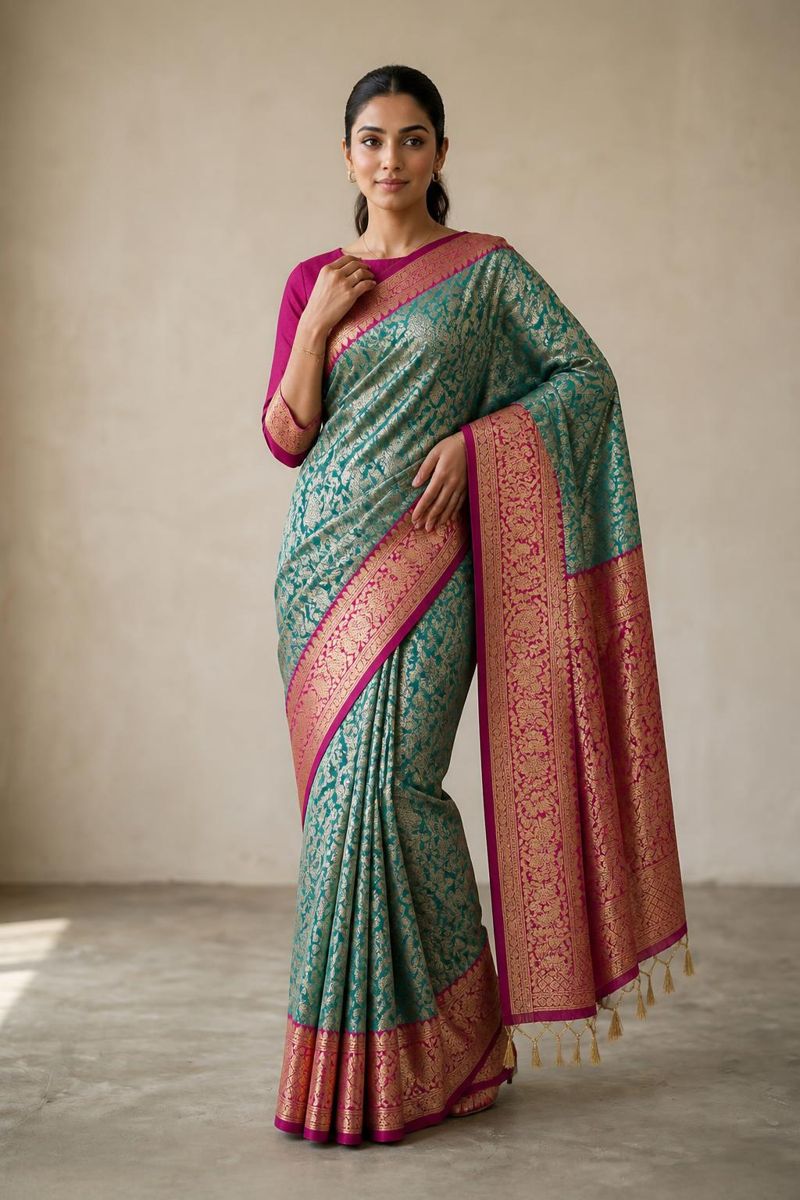 The customer wearing the teal Banarasi soft silk saree