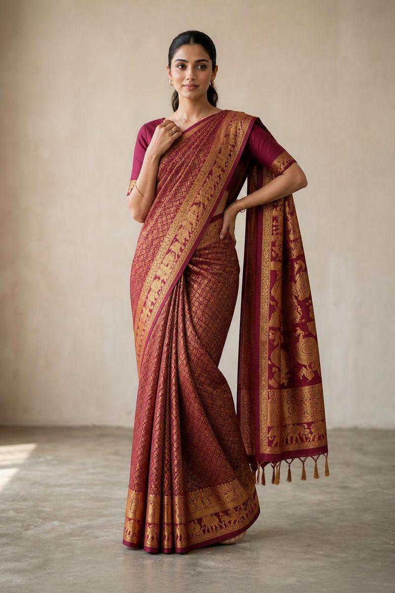 Customer shown wearing the maroon Kanchipuram saree