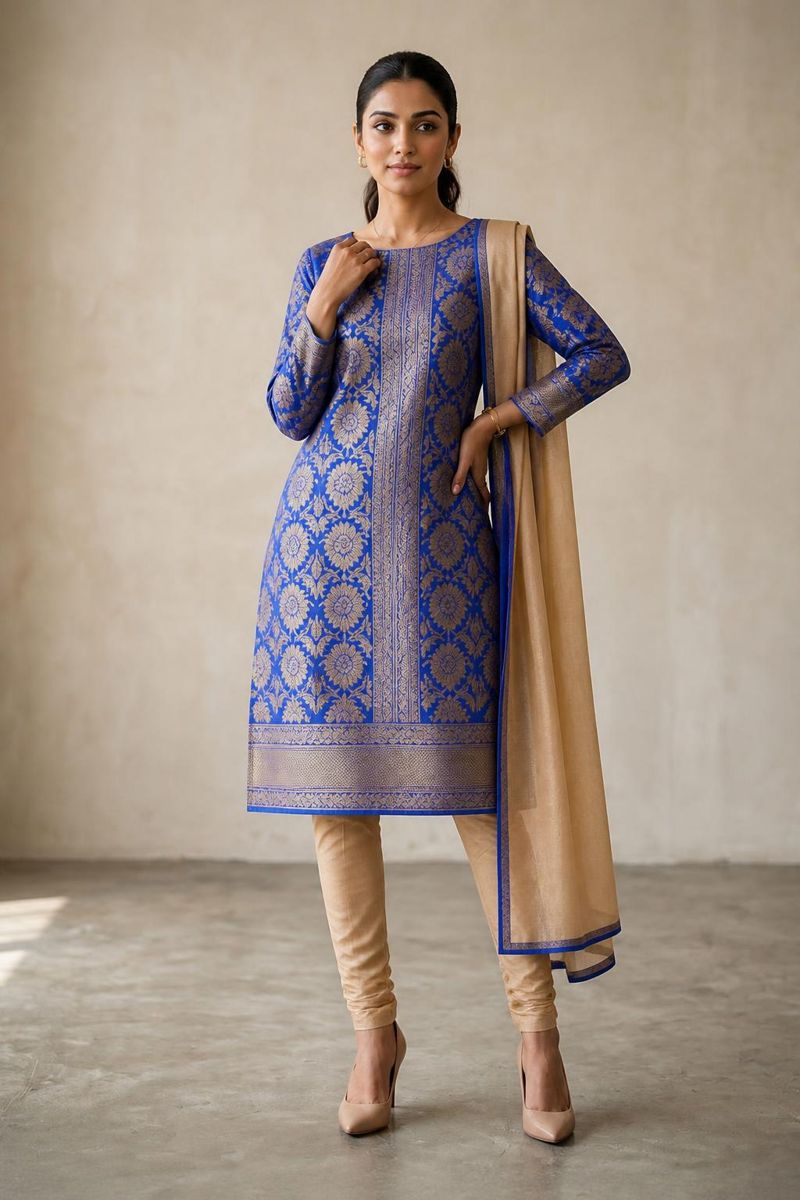 The customer wearing a stitched salwar suit made from the fabric