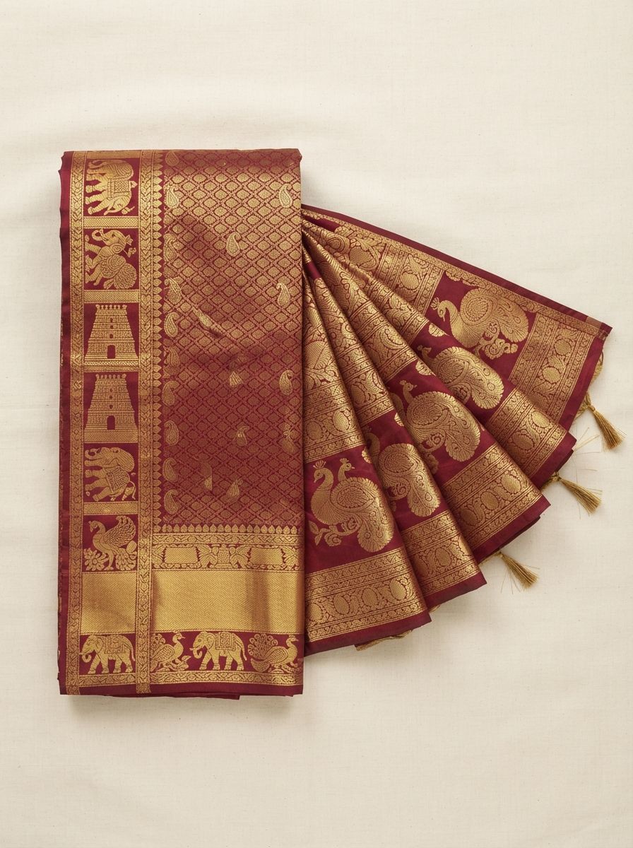 Folded Kanchipuram silk saree, maroon with gold border