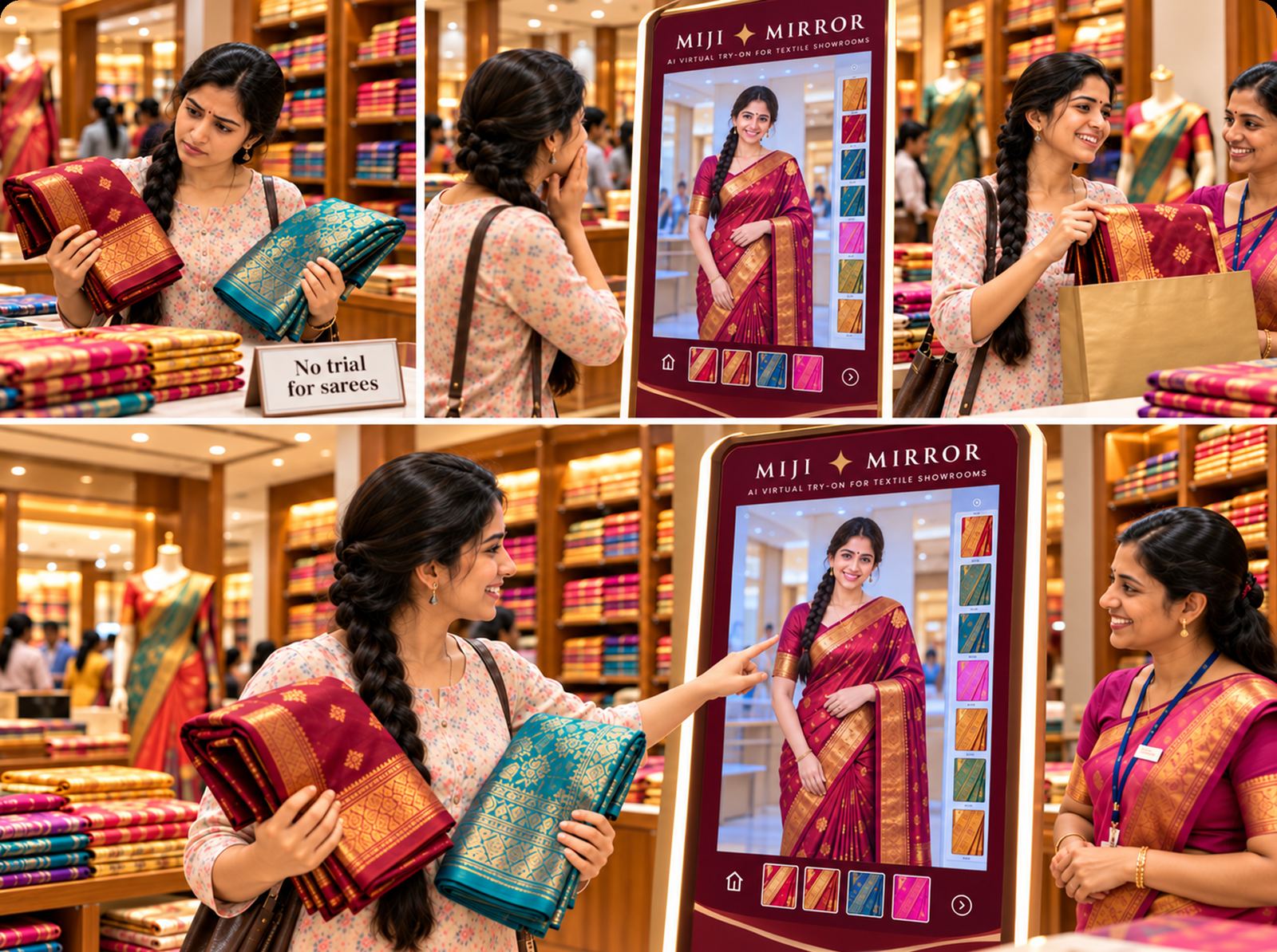 A customer holding two sarees compares both on the Miji Mirror kiosk while a showroom staff member smiles