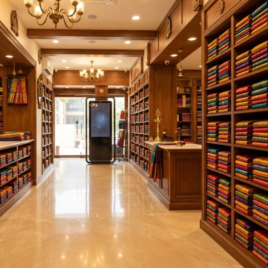 A modern textile showroom with the Miji Mirror kiosk at the far end